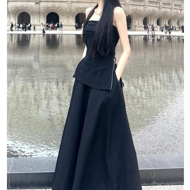 高级感抹胸短款拉链背心上衣女2026夏季高腰纯色长款裤裙两件套装