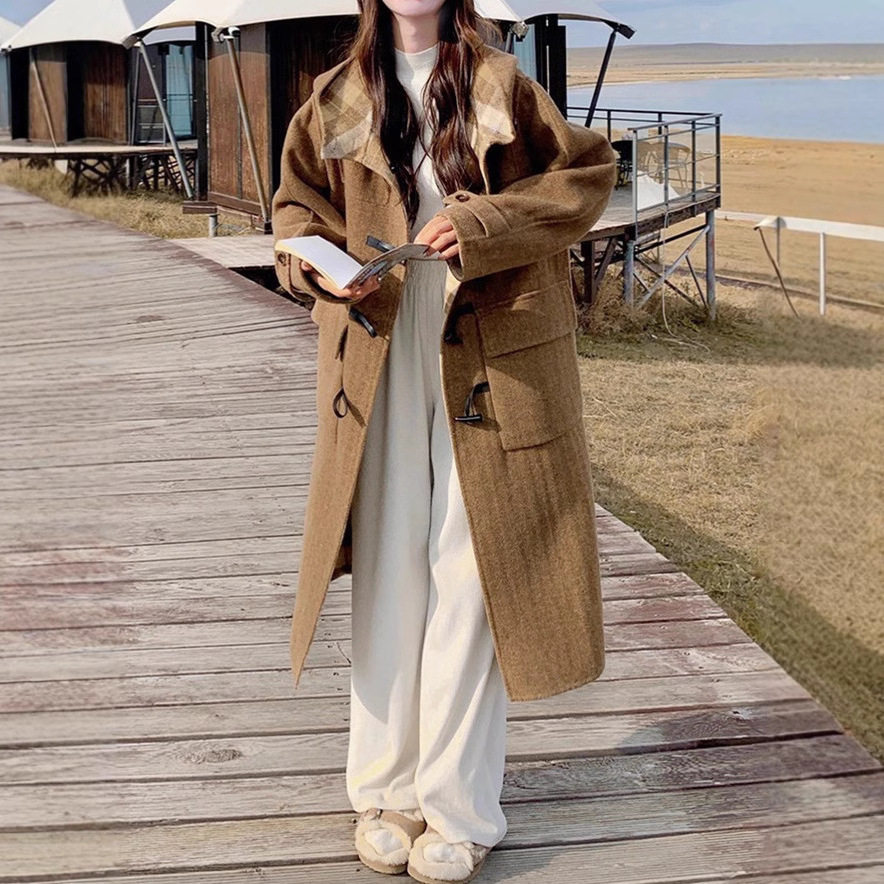 2026新款正反两穿复古格纹牛角扣双面羊毛大衣直筒大衣外套女风衣,女装/女士精品,毛呢外套,淘宝优惠券,粉丝福利购,淘宝优惠卷