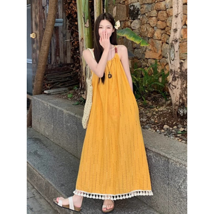 海岛多巴胺绝美黄色流苏吊带连衣裙女夏季超好看海边度假长裙子