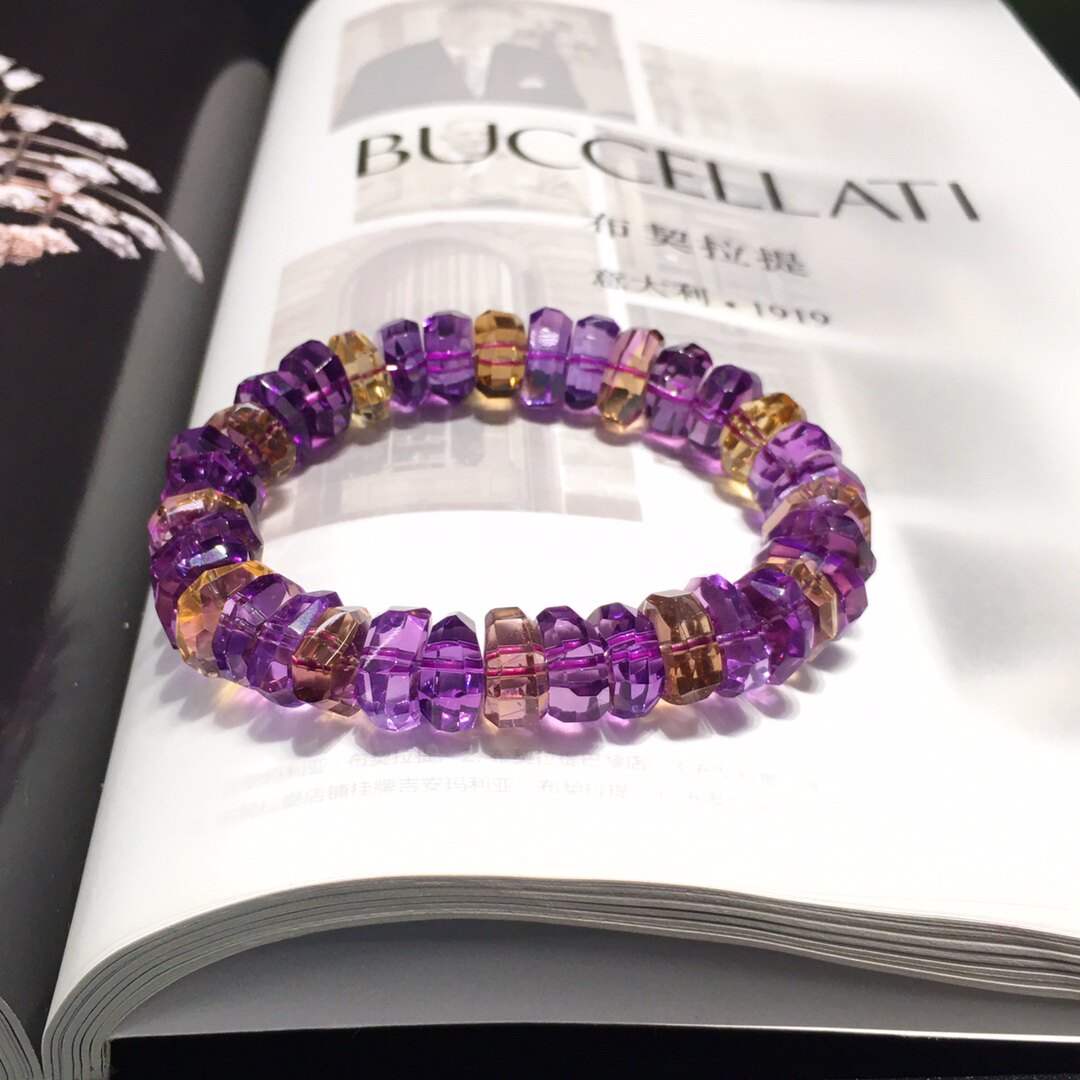 珍藏级 9a 玻利维亚紫黄晶手链手串不规则刻面紫黄双色共生鸳鸯色