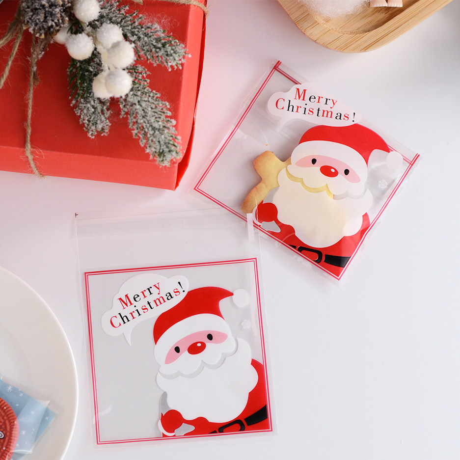 圣诞节饼干自粘袋100个装雪花酥曲奇烘焙包装儿童糖果零食自黏袋