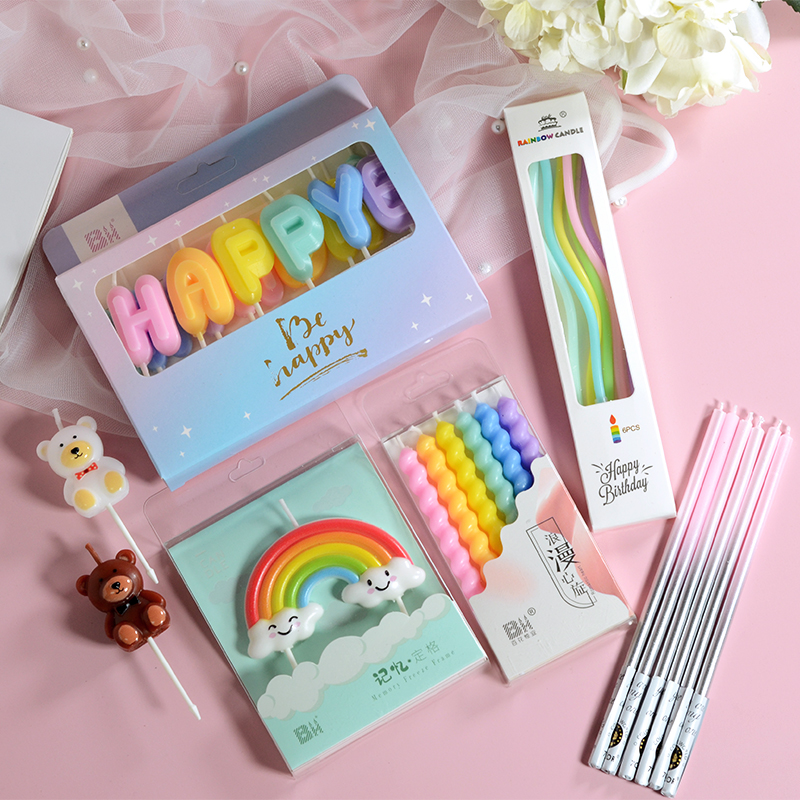 彩虹蛋糕装饰生日快乐浪漫蜡烛