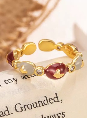 红色滴釉蝴蝶结戒指轻奢高级食指戒可调节复古温柔可爱指环百搭潮