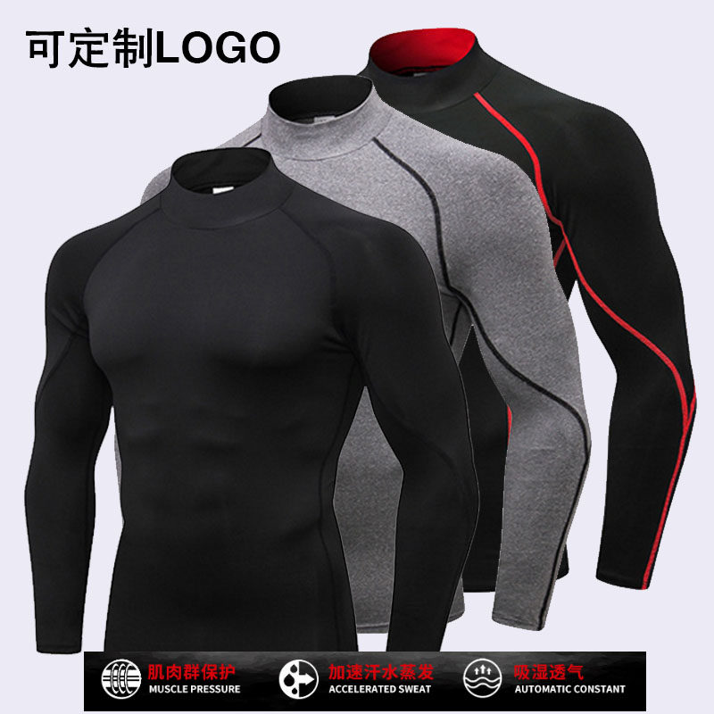 HIGH-NECKED SPORTS FITNESS CLOTHING LONG-SLEEVED TIGHTS MENS SHORT-SLEEVED BASKETBALL RUNNING TOP TRAINING QUICK-DRYING ELASTIC COMPRESSION CLOTHING