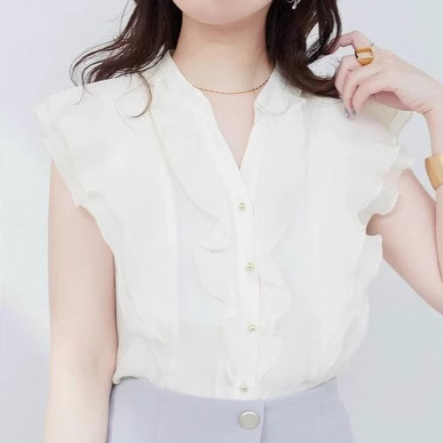 日系精致荷叶边小V领仙女天丝飞袖衬衫上衣