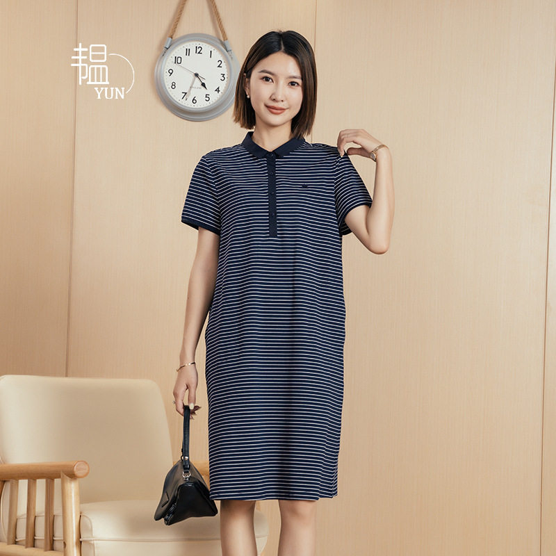 韫yun夏季新品女装拼色经典休闲宽松显瘦条纹中长款a字女士连衣裙