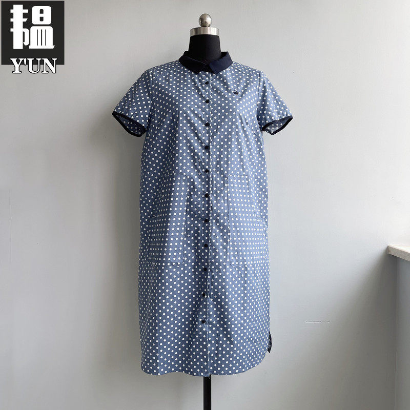 韫yun夏季新品女装拼色polo领短袖印花单排扣休闲宽松显瘦连衣裙