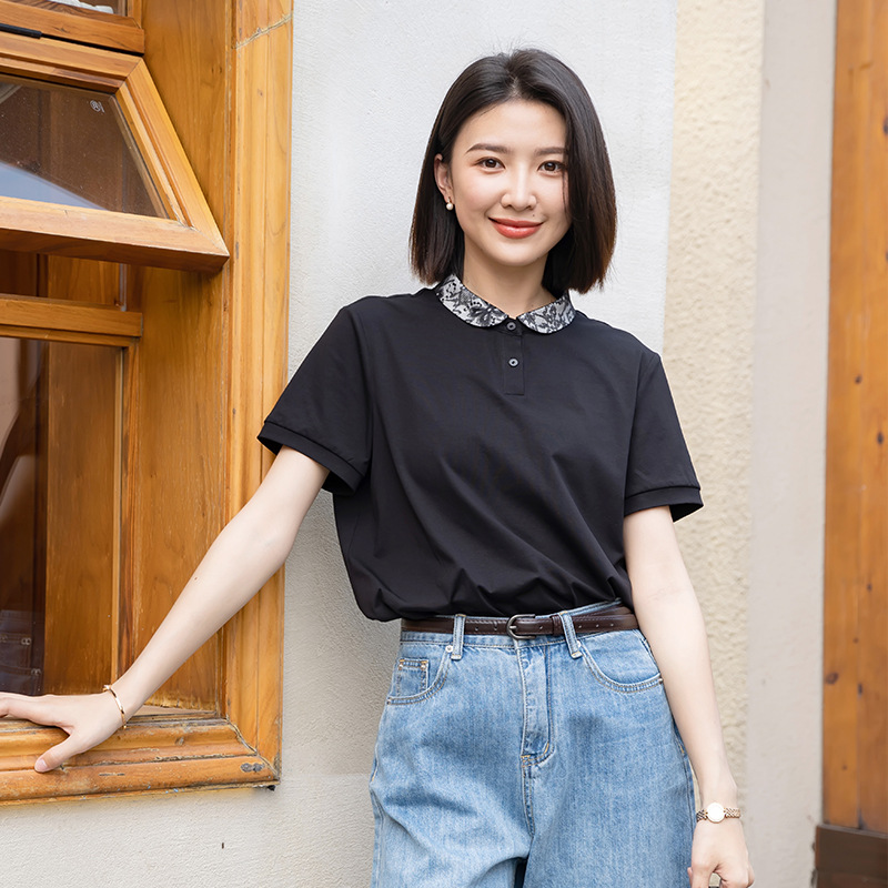短袖通勤薄款蕾丝棉女士简约T恤