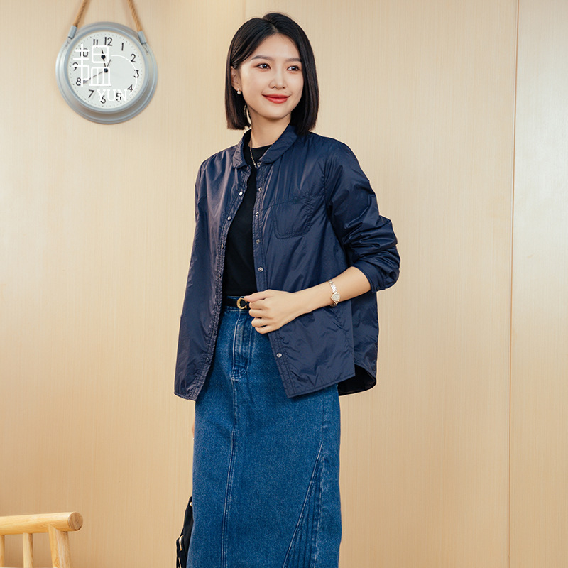 韫修身简约单排扣长袖夹棉衬衫