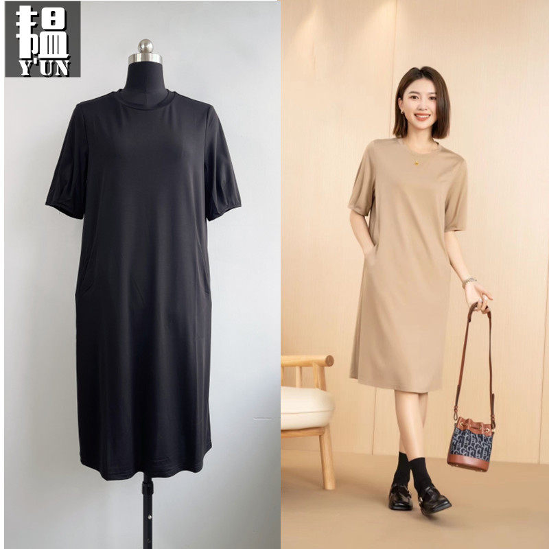 yun韫2023夏季新品女装圆领短袖休闲长裙针织丝绵宽松显瘦连衣裙