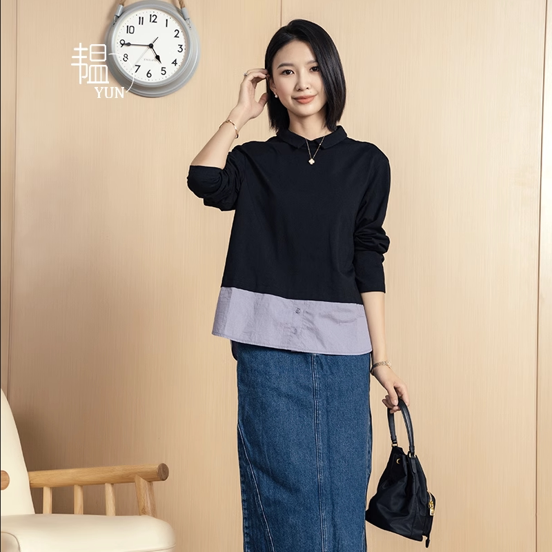 YUN韫秋季新款女装假两件长袖套头衬衫韩版时尚休闲拼接衬衣2978