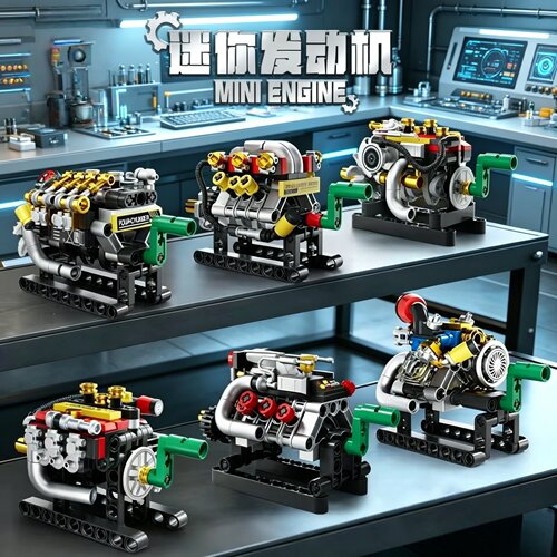乐2026高V8发动机拼装积木迷你发动机模型儿童益智玩具男孩礼物