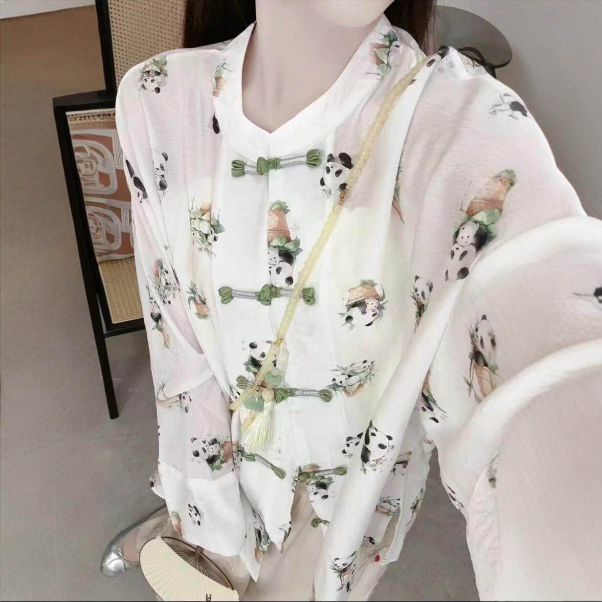 新中式气质上衣女白色熊猫印花盘扣衬衫夏季国风防晒衣薄棉麻外穿