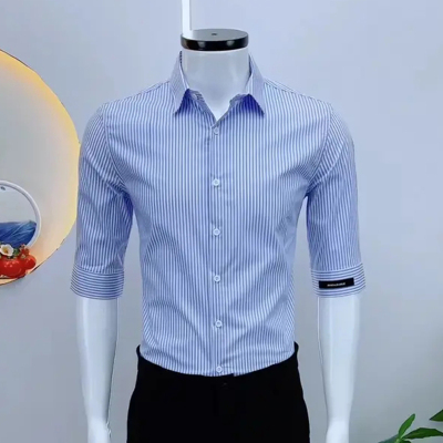 翻领五分袖时尚条纹男士衬衫修身