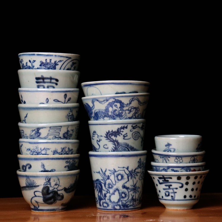 景德镇仿古民窑铁锈斑青花陶瓷品茗杯功夫小茶杯艾灸杯气交杯