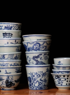 景德镇仿古民窑铁锈斑青花陶瓷品茗杯功夫小茶杯艾灸杯气交杯