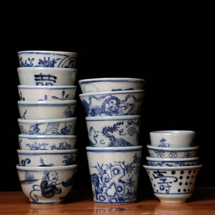 景德镇仿古民窑铁锈斑青花陶瓷品茗杯功夫小茶杯艾灸杯气交杯