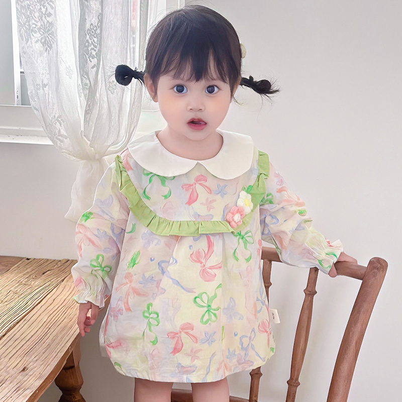 女童纯棉长袖碎花防水吃饭罩衣婴幼宝宝辅食幼儿园围兜防脏护衣