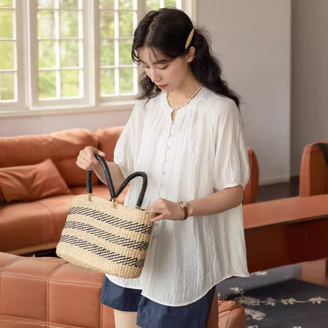亚麻上衣2025夏季新款法式绝美白色小衫随性棉麻半开领纽扣短袖