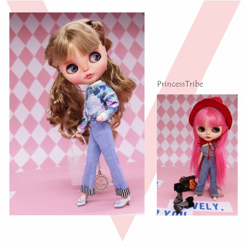 精品小布牛仔裤娃衣blythe/azones翻边长裤日系条纹ob24通穿裤子