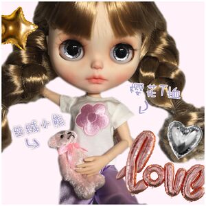 6分小布娃娃衣服T恤blythe娃衣樱花短袖刺棉印花ob2427az芭芘可穿