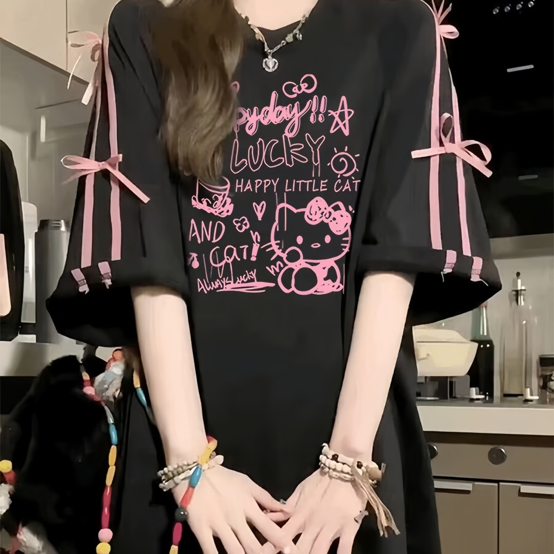 网红爆款卡通凯蒂猫印花甜美洋气T恤女夏季蝴蝶结短袖可爱上衣ins