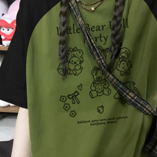 T恤女夏季 多巴胺甜美撞色插肩潮流可爱印花短袖 休闲宽松纯棉上衣