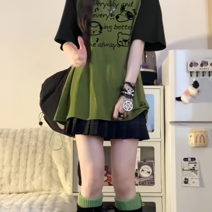 T恤女夏季 撞色插肩气质百搭减龄潮流短袖 ins可爱印花纯棉甜美上衣