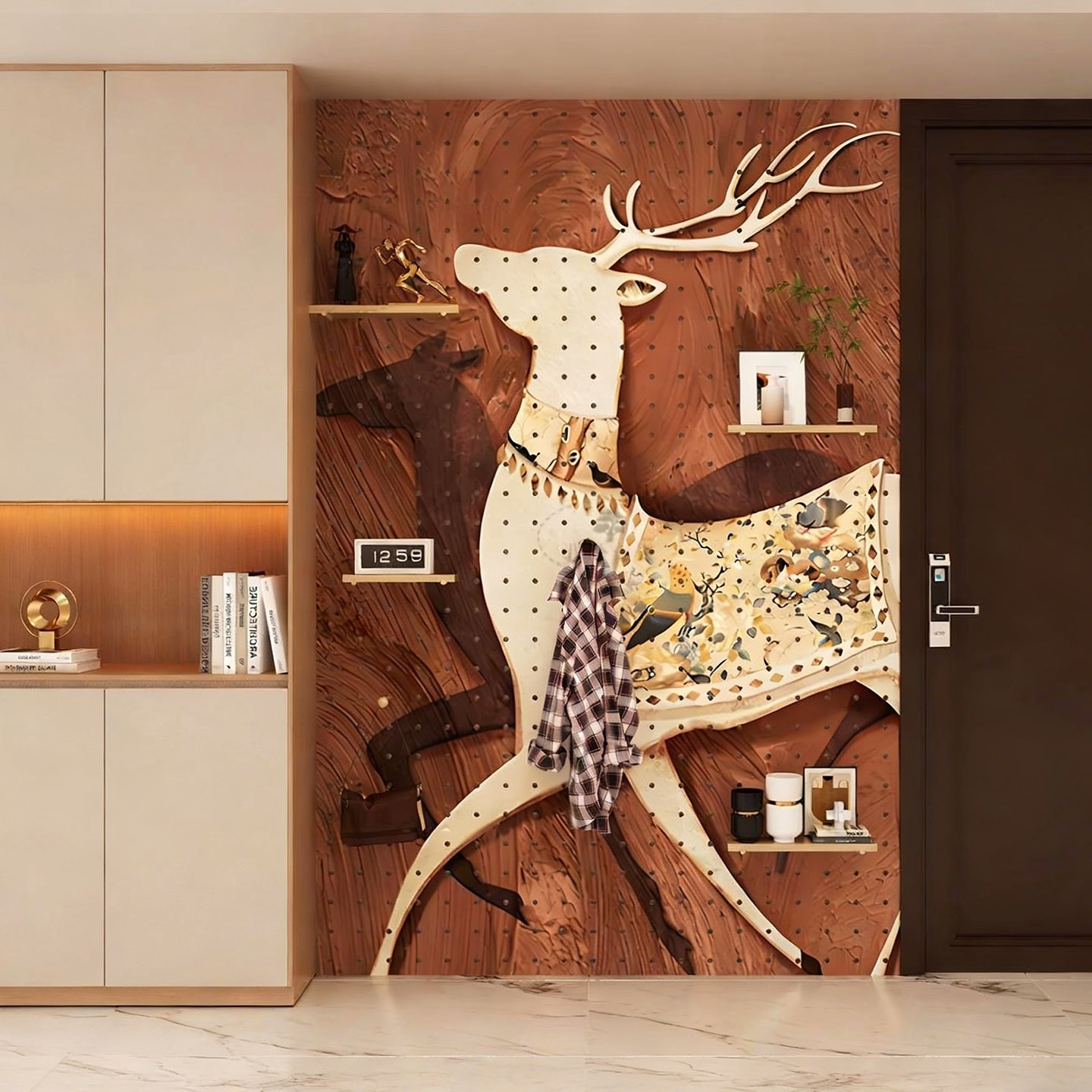 中古风麋鹿洞洞板图案实木置物架卧室客厅墙面家用定制展示收纳架