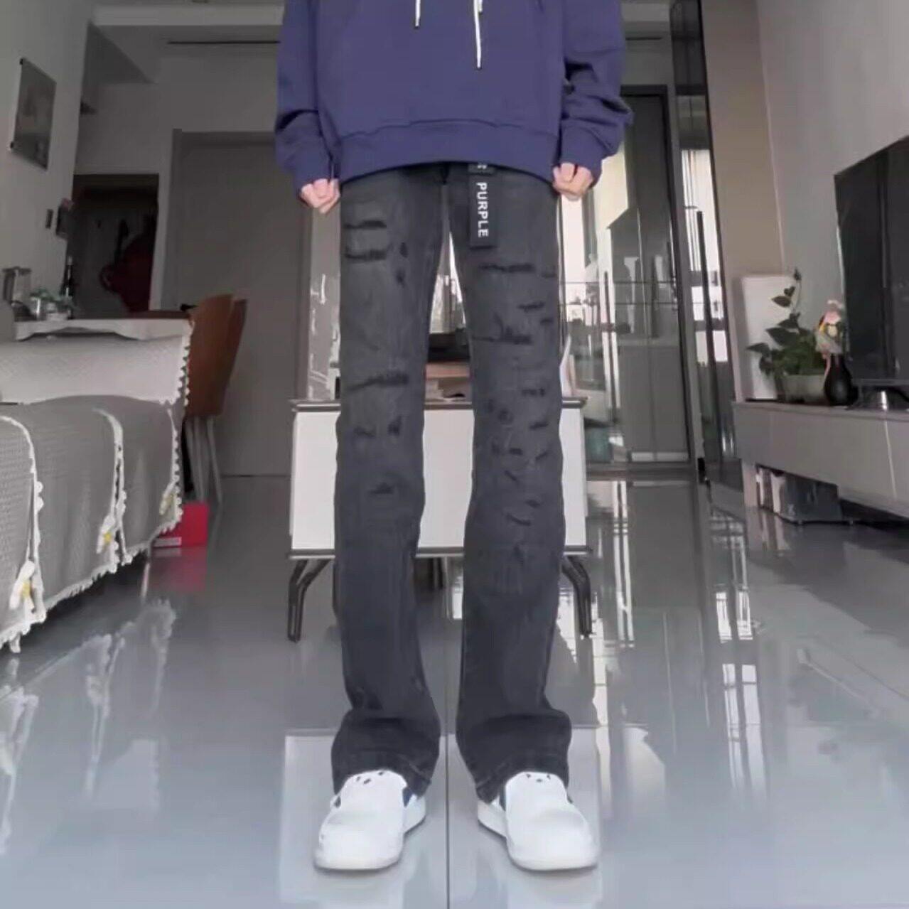 美式高街新款pu刮破黑色高品质牛仔裤水洗弹力百搭修身微喇叭长裤