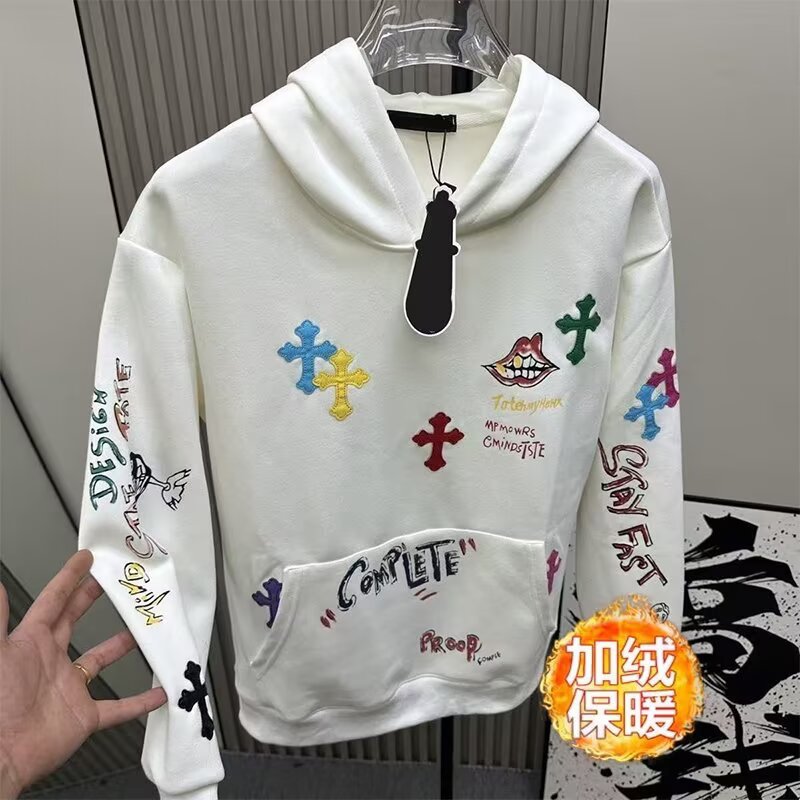 秋冬加绒男士十字架刺绣连帽卫衣