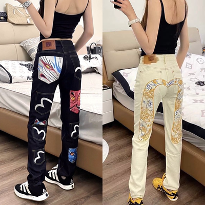 美式复古刺绣牛仔裤男女同款修身