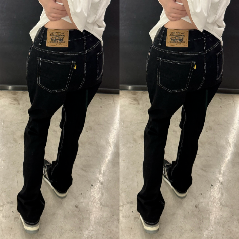 cleanfit黑色微喇牛仔裤男女款修身直筒vibe美式高街潮牌百搭裤子