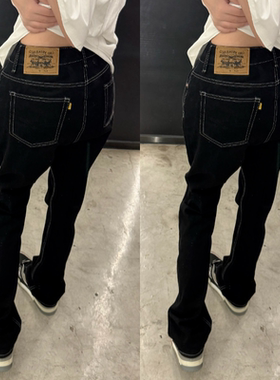 cleanfit黑色微喇牛仔裤男女款修身直筒vibe美式高街潮牌百搭裤子