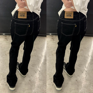 cleanfit黑色微喇牛仔裤男女款修身直筒vibe美式高街潮牌百搭裤子