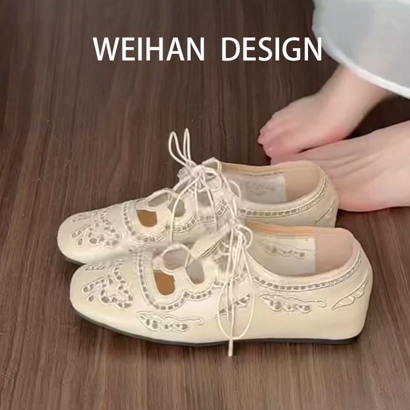 羊皮版！复古小众设计感系带镂空内增高单鞋女百搭通勤方头芭蕾鞋