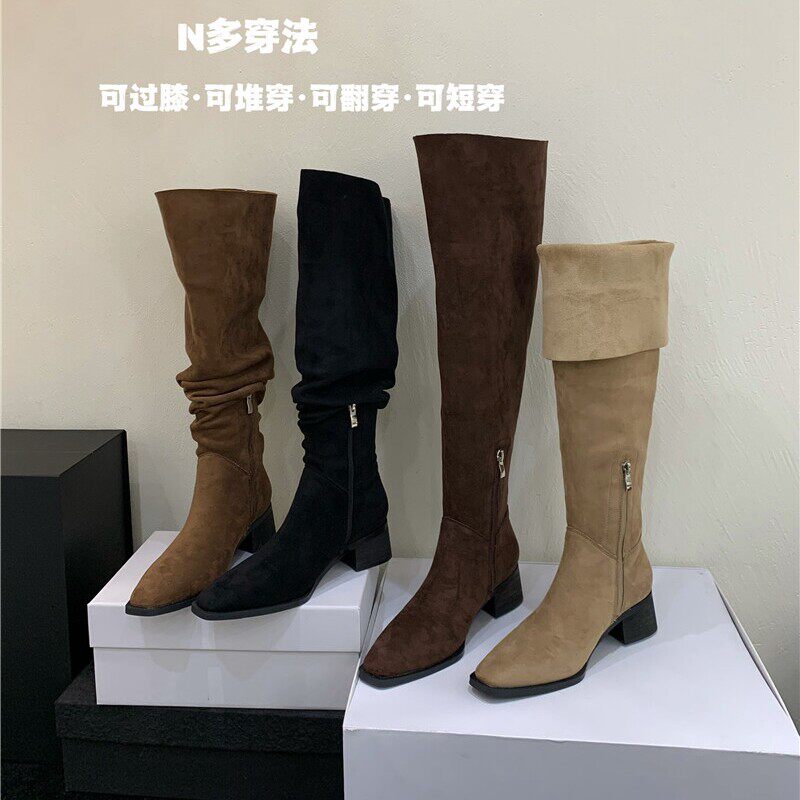 粗跟绒面方头过膝靴女2025秋冬新款韩版两穿女靴子堆堆靴短靴长靴