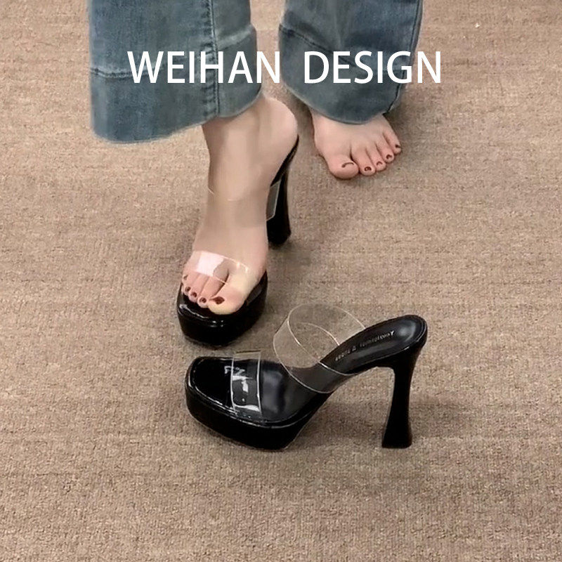 羊皮版！透明一字带凉鞋夏外穿粗跟厚底露趾一脚蹬防水台高跟鞋