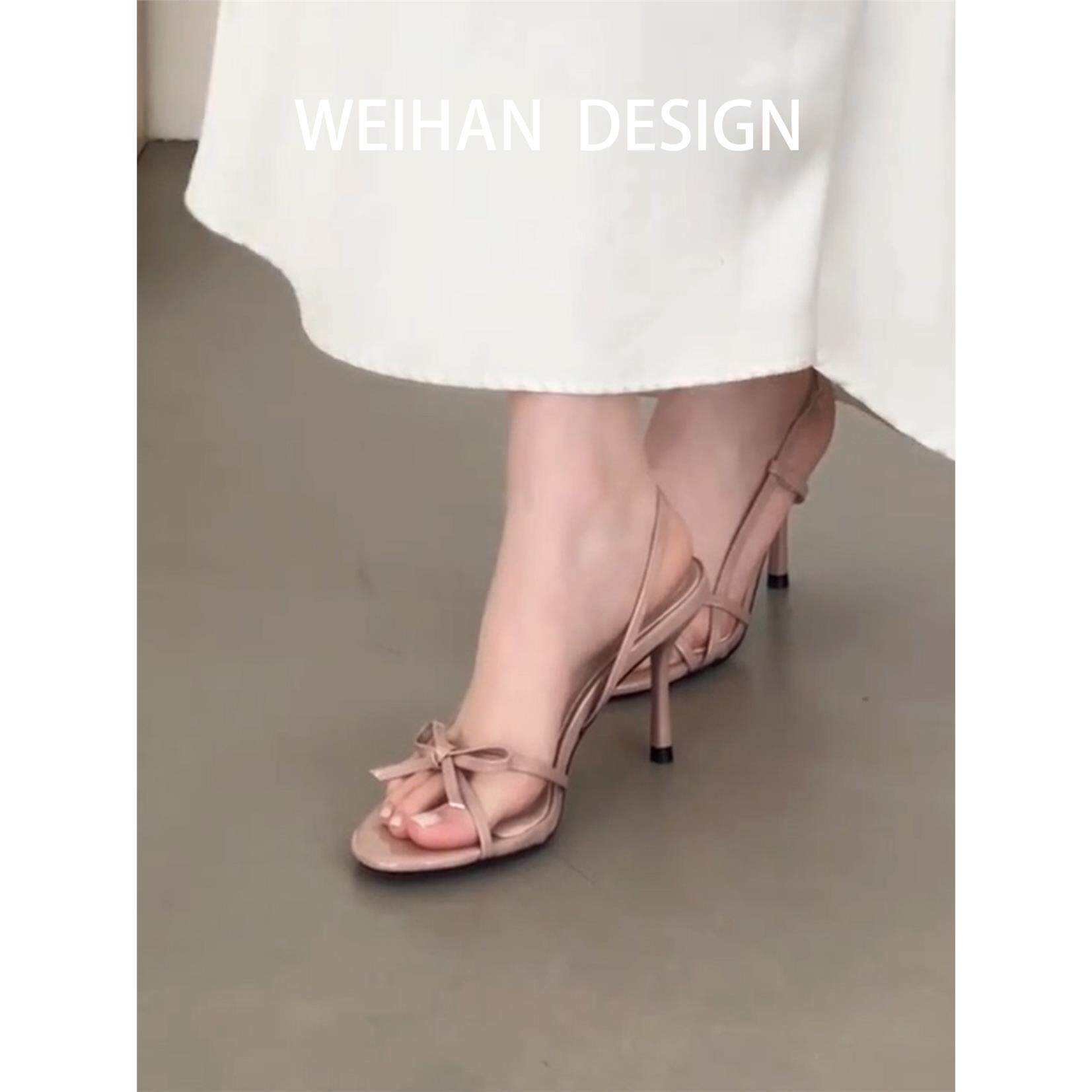 羊皮版！裸色一字带蝴蝶结高跟凉鞋女夏细跟圆头露趾温柔性感凉拖