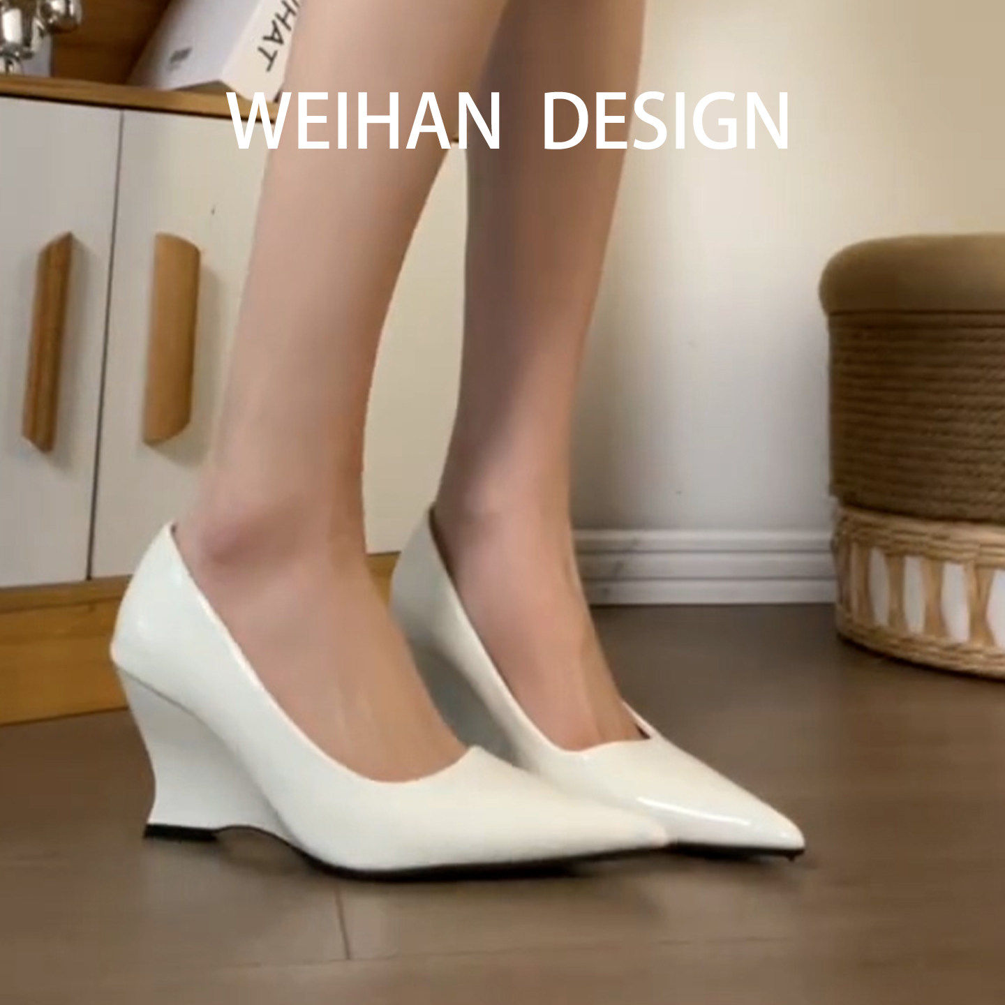 羊皮版！法式高级感楔型单鞋女一脚蹬尖头名媛风白色不累脚高跟鞋