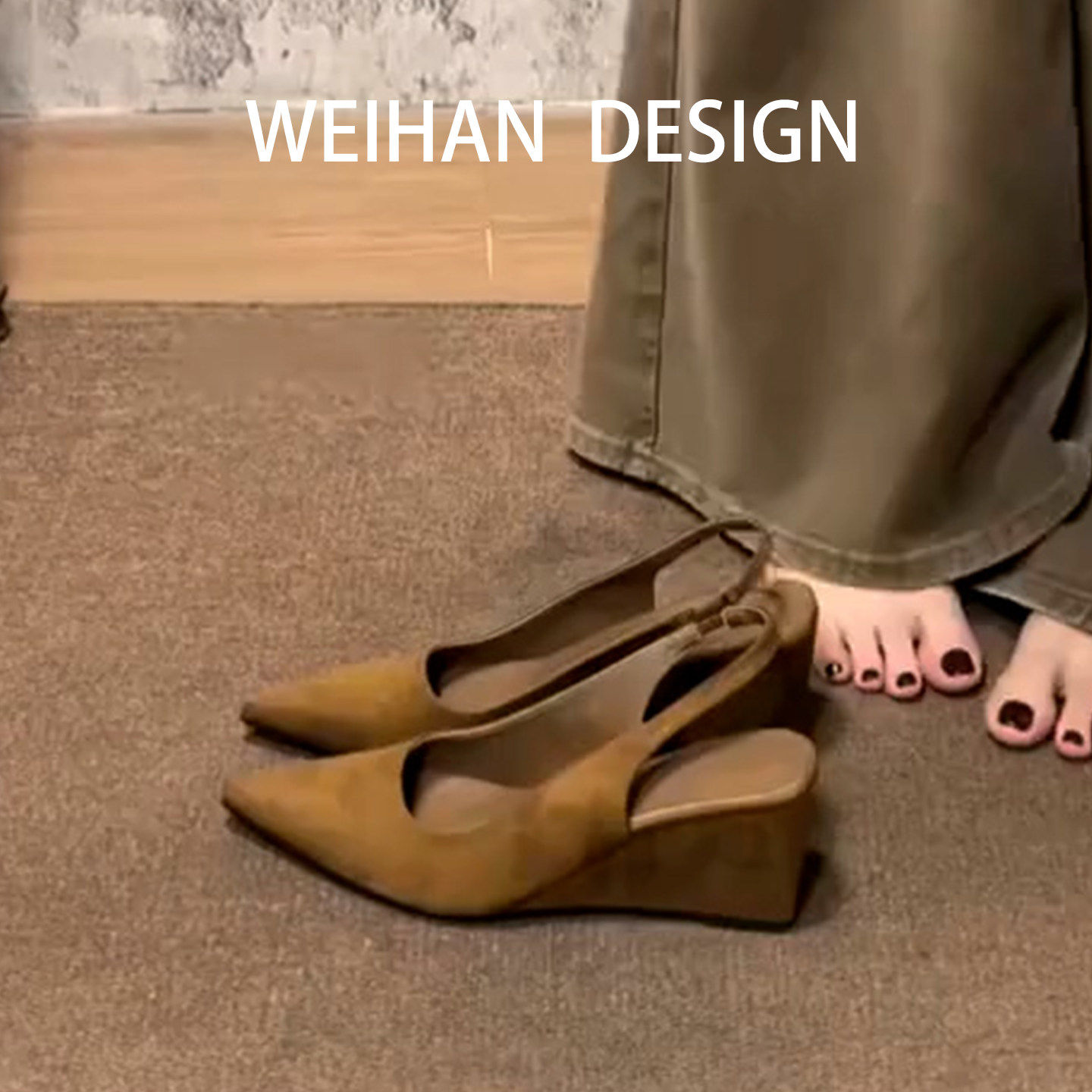 羊皮版！坡跟内增高后空包头凉鞋复古百搭尖头配裙子高跟鞋不累脚