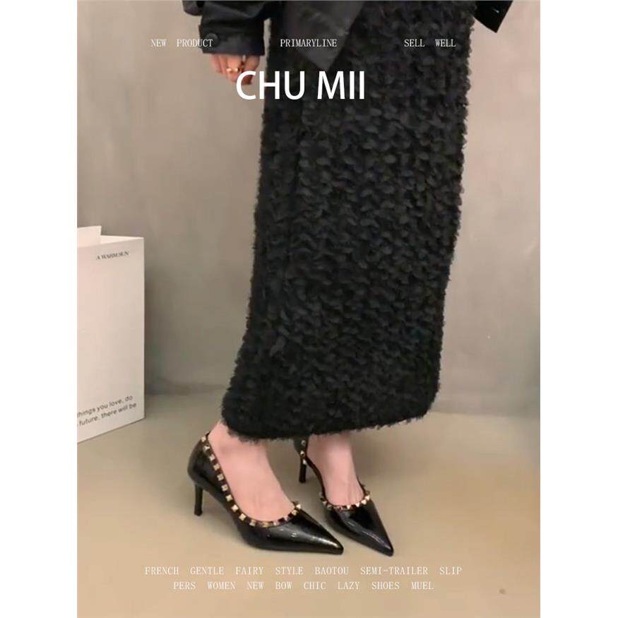 羊皮版~性感辣妹铆钉高跟鞋女漆皮黑色尖头单鞋气质御姐侧空凉鞋