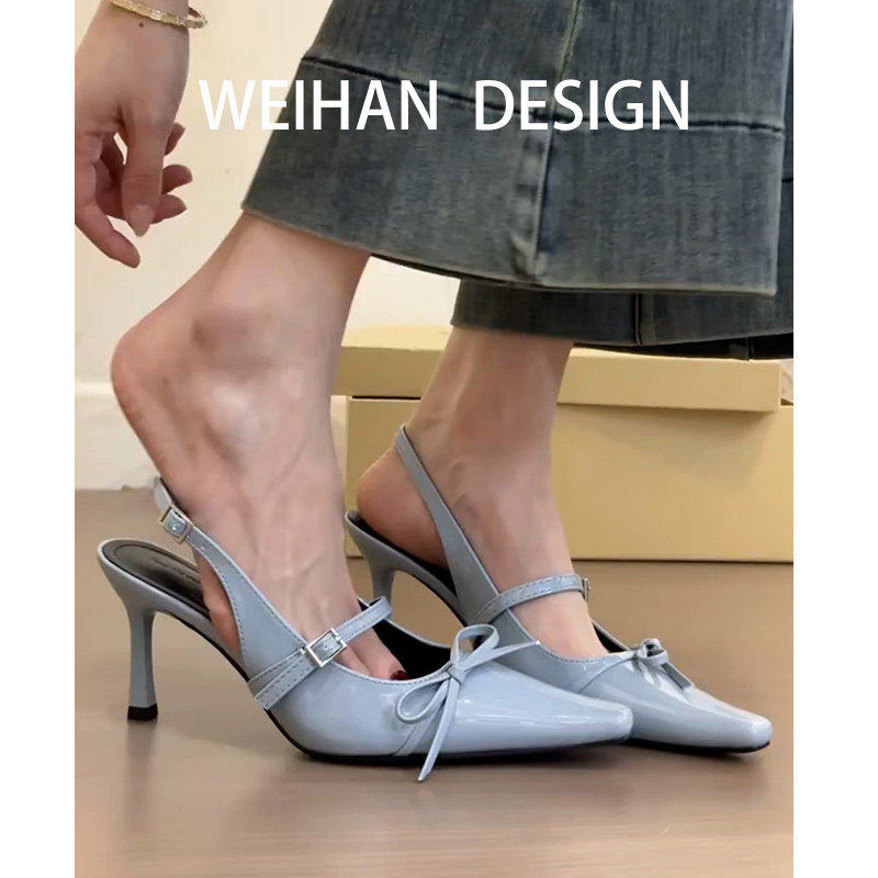 羊皮版！法式尖头蝴蝶结包头凉鞋女细跟浅口高跟鞋一字带气质单鞋