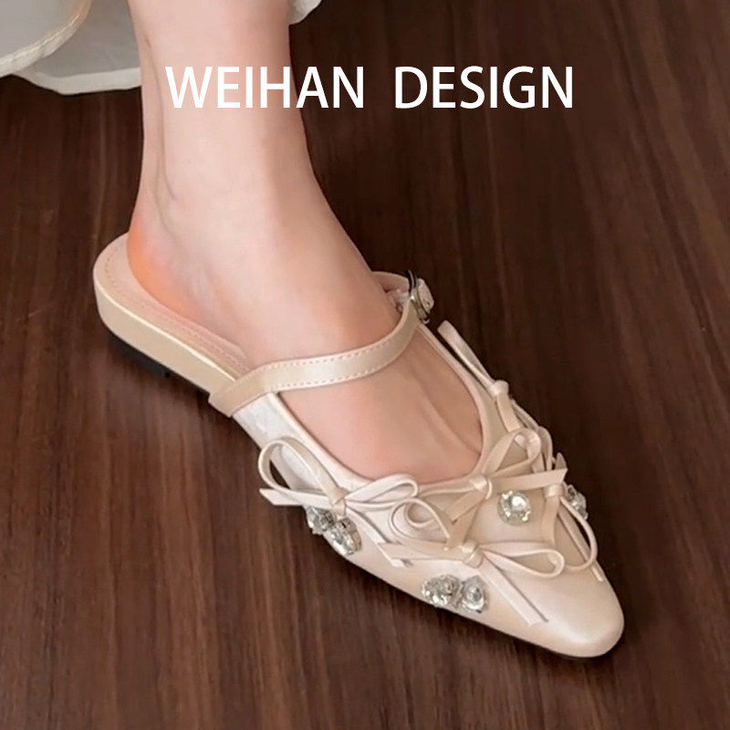 羊皮版！尖头蝴蝶结水钻包头拖鞋外穿平底配裙子精致玛丽珍半拖鞋