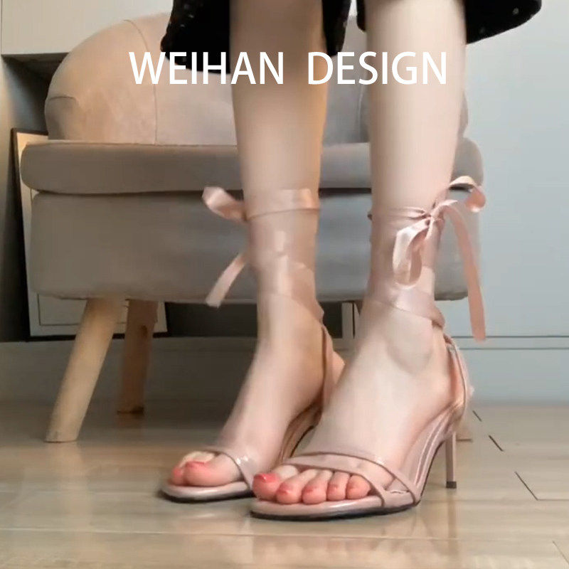 羊皮版！法式交叉绑带露趾凉鞋女细跟外穿配裙子温柔一字带高跟鞋