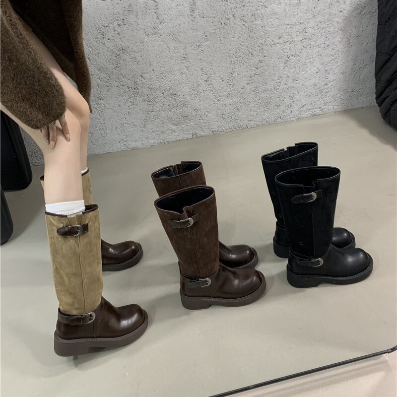 厚底拼接绒面骑行靴女202
