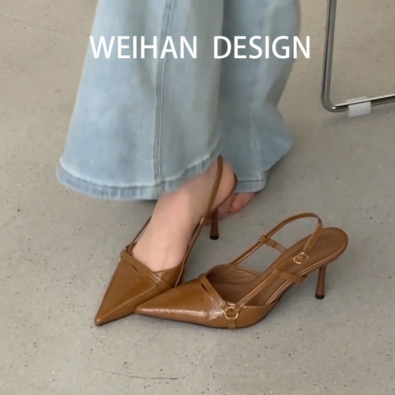 羊皮版！法式尖头细跟包头凉鞋女复古一字带高跟鞋气质不累脚单鞋