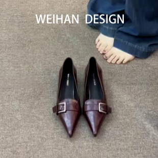 羊皮版！高级感尖头浅口粗跟单鞋皮带扣通勤奶奶鞋软底配裙子瓢鞋