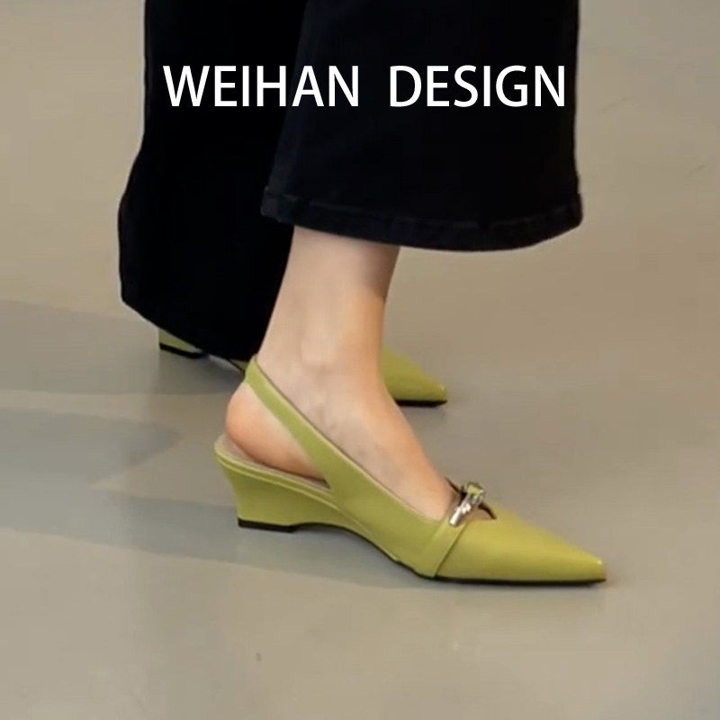 羊皮版！法式气质包头凉鞋一字带金属扣后空高跟鞋尖头坡跟单鞋女