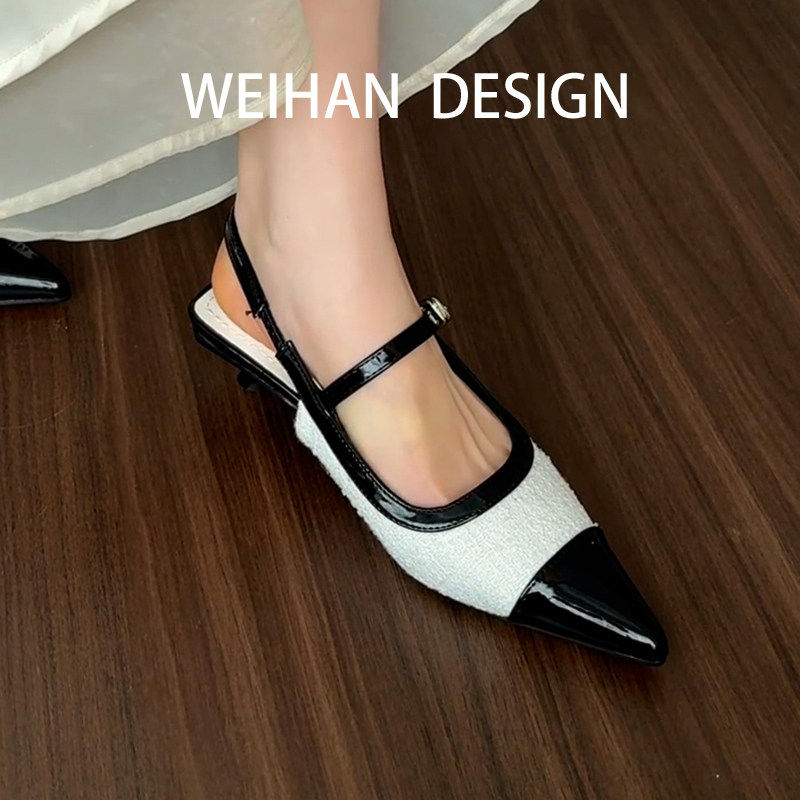 羊皮版！法式气质尖头包头凉鞋漆皮拼色一字带高跟鞋晚晚风通勤